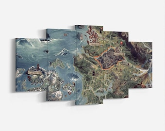 Warcraft Map 5 pezzi tela arte murale, tela incorniciata, tela arrotolata, poster fantasy del mondo di gioco, stupefacente opera d'arte di Warcraft per giocatori