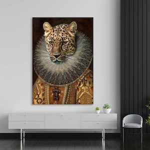 Renaissance Animal Painting Canvas Art, Altered Art Leopard print, Victorian Animal Portrait Wall Art