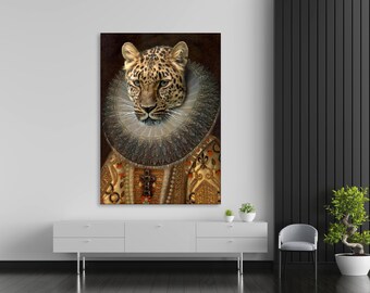 Renaissance Animal Painting Canvas Art, Altered Art Leopard print, Victorian Animal Portrait Wall Art