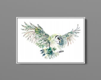 Fliegen Eule Leinwand Kunst, Grüne Eule Wand Dekor, Eule Vogel Poster, Natur Eule Kunstwerk, Blätter Eule Leinwand Geschenk