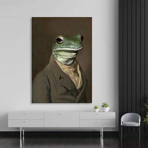 Frog Vintage Portrait Canvas Art, Renaissance Animal Painting, Altered Art Print, Animal Head Human Body, Funny Portrait