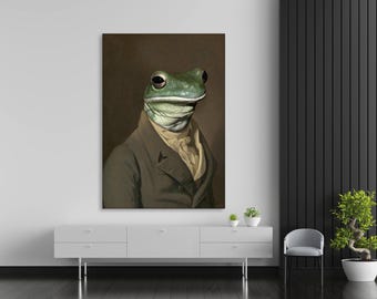 Frog Vintage Portrait Canvas Art, Renaissance Animal Painting, Altered Art Print, Animal Head Human Body, Funny Portrait