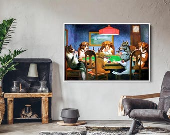 Un amigo en apuros de C.M. Coolidge. Juego de póquer, pintura de perros jugando al póquer, perros jugando al póquer, pintura famosa de perros, lienzo de perros jugando al póquer listo para colgar.