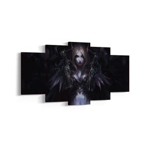 May include: A multi-panel canvas art print depicting a fantasy character with pale skin, red eyes, and long blonde hair. The character wears dark armour and has dark wings. The artwork has a dark, gothic theme.