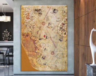 Piri Reis Map, Antique Map Canvas Art, Map Poster, Vintage Map Art, Piri Reis Art, Trendy Artwork, World Map Canvas Art