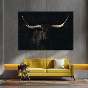 Black Texas Cow Wall Art Longhorn Bull Canvas Wild Animal Print Modern Farmhouse Wall Decor Cottagecore Extra large Art Housewarming Gifts