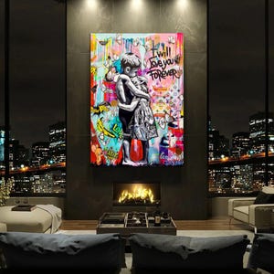 Lienzo pop art de pareja de niños de Banksy: arte de pared con grafitis callejeros, póster de amor, decoración urbana moderna, obra de arte al estilo de Banksy
