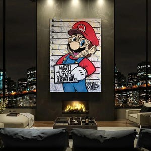 Lienzo pop art de Mario Guilty de Banksy: arte de pared con grafiti callejero, regalo de Super Mario, decoración moderna de Mario, obra de arte estilo Banksy