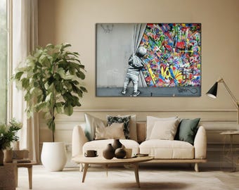 Banksy Wall Art Behind the Curtain, Urban Style Canvas, Kids Graffiti Wall Art, Modern Street Art, Martin Watson Canvas, Large Wall Art