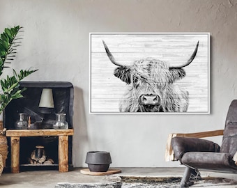 Highland Cow Black and White Canvas Print // Highland Cow White Wood Background Canvas Print // Vintage Wall Art // Farmhouse Wall Decor
