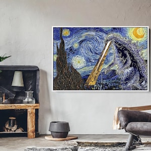 Sterrennacht met Godzilla ingelijste canvasprint, ingelijste poster, Godzilla-poster, Godzilla-canvas, sterrennacht-canvas, Van Gogh-muurdecoratie