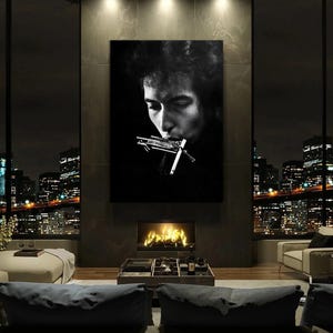 Bob Dylan&#39;s Harmonica and Cigarette Photo Canvas Print, Bob Dylan Black and White Canvas Wall Art, Bob Dylan Franed Poster
