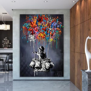 Banksy Boy Flying With Balloon Canvas Wall Art, Banksy Balloon Canvas, Balloon Poster, Wall Art Canvas