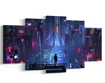 Cyberpunk Blue City Canvas Wall Art - Neo-Futuristic 5-Panel Decor, Rolled Canvas Print, Game Poster Gift for Fans