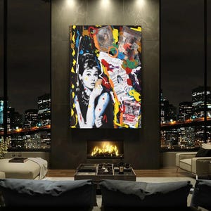 Audrey Hepburn Pop Art Canvas - Oil Paint Print, Banksy Style Graffiti Wall Art, Modern Audrey Hepburn Gift, Urban Decor
