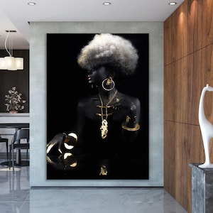 Toile d'art mural fille africaine, toile d'art murale dorée et noire, impression sur toile de femme africaine, art mural de salon, art mural moderne