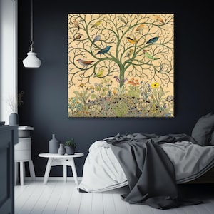 Stampa artistica su tela con uccelli canterini, albero della vita, uccelli tropicali su tela con albero, uccelli esotici, arte di uccelli vintage, tela con albero della vita pronta da appendere.