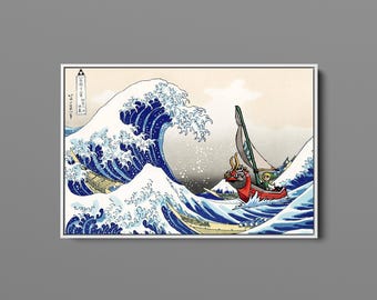 Arte em tela de Zelda: A Grande Onda, com estampa de Wind Waker e Kanagawa, pronta para pendurar, decoração para fãs de Zelda.