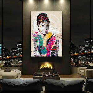 Audrey Hepburn Graffiti Pop Art Canvas - Banksy Style Street Wall Art, Modern Audrey Hepburn Poster, Urban Decor