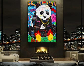 Panda Banksy Pop Art Canvas, Graffiti Wall Art, Pop Art Home Decor, Modern Panda Poster, Street Art Room Decor