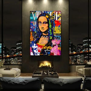 Mona Lisa Pink Panther Pop Art Leinwand, Banksy Style Graffiti Kunst, Street Wandkunst, Mona Lisa Poster, modernes Wohndekor