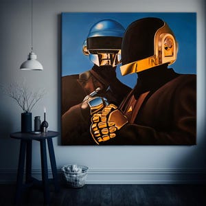 Daft Punk Painting Canvas Print, Futuristic Music-Inspired Wall Art, Modern Framed Canvas Decor for Home or Studio