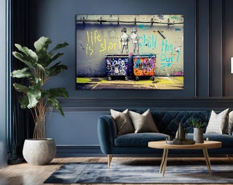 Banksy Two Boys, Banksy Life Is Short, Banksy Canvas, Wall Art Canvas, Street Art Print, Graffiti Painting, Urban Art, Graffiti Wall Decor