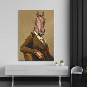 Horse Vintage Canvas Portrait, Renaissance Animal Painting, Altered Art Print, Animal Head Human Body, Equestrian Decor