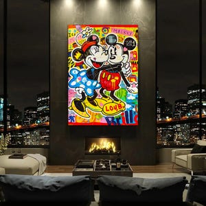Banksy Mickey & Minnie Mouse Pop Art Canvas, Graffiti Wall Art, Mickey Mouse Poster, Pop Art Home Decor, Modern Room Decor
