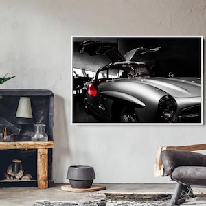 Mercedes-Benz 300SL Canvas Print – Iconic Gullwing Coupe Wall Art, W198 Classic Car Poster, Stuttgart Museum Decor for Auto Enthusiasts