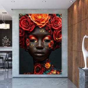 African woman queen flower colors art black, art wall decor, African portrait