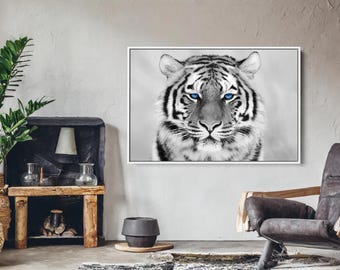 Black and White Tiger with Blue Eyes Wall Art, Beautiful Blue Eye Tiger Wall Art, Tiger Canvas Poster, Animal Art, Canvas Art Ready to Hang.