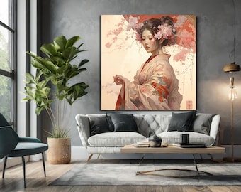 Arte japonés, geishas, mujeres hermosas, Bejin-ga, retrato de geisha, arte de pared extra grande, diseño de arte de pared, lienzo enmarcado listo para colgar.
