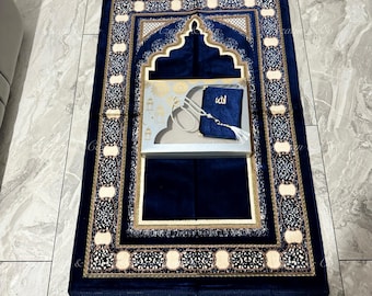Prayer Mat, Surah Book & Tasbeeh Gift Set Box | Size 70cm × 110cm Janamaz Salah Carpet Rug | Turkish Soft Touch Velvet Ramadan Eid Present