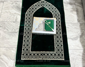 Prayer Mat, Surah Book & Tasbeeh Gift Set Box | Size 70cm × 110cm Janamaz Salah Carpet Rug | Turkish Soft Touch Velvet Ramadan Eid Present
