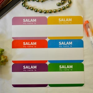 Plaques nominatives, autocollants, bonjour je m'appelle, Salam je m'appelle, salam, islam, foi, salutation, musulman, paix