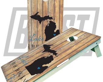 Customize your lake name in Michigan Cornhole BoardsSignature Series