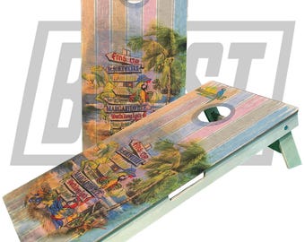 Rustic Beach Paradise Wasted Away, 5 oclock Tiki Themed Cornhole BoardsSignature Series