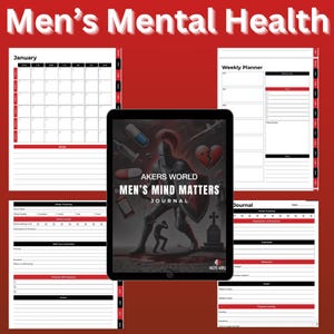 Może przedstawiać: Cyfrowy dziennik zatytułowany "Men's Mind Matters" autorstwa Akers World, wyświetlany na tablecie. Dziennik zawiera ilustrację rycerza i różne strony do planowania i śledzenia zdrowia psychicznego. U góry widnieje napis "Men's Mental Health".