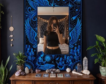 Miroir artistique bleu céleste | Décoration murale mystique avec impression numérique et miroir argenté en plexi | Design fantastique unique