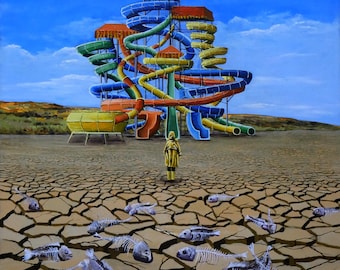 May include: A colorful water slide park stands in a barren, cracked desert landscape.  The slide is made of bright blue, yellow, red, and green plastic.  A lone figure in a yellow raincoat stands in the foreground, looking towards the slide.  The ground is covered in the skeletal remains of fish.