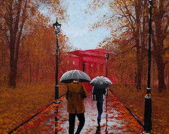 May include: An autumnal oil painting shows two people with umbrellas walking along a wet path. The path is surrounded by trees with orange and brown leaves, and the ground is covered in fallen foliage. Street lamps light the scene, with a red building in the distance.