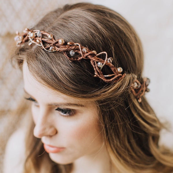 Copper flower crown, bridal halo crown, Copper wedding tiara, copper headband, boho hair crown, bohemian headband, simplistic crown