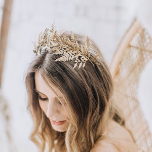 Gold flower crown, gold tiara, goddess crown, gilded headpiece, whimsical wedding crown, golden hair accessory, boho bridal headpiece image 1