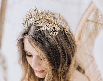 Gold flower crown, gold tiara, goddess crown, gilded headpiece, whimsical wedding crown, golden hair accessory, boho bridal headpiece