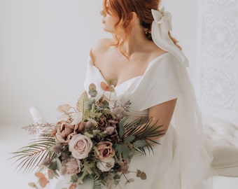 Earthy purple and pink artificial bridal bouquet with stunning faux green foliage, Tina bouquet