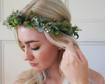 Green and blue flower crown- Rustic flower crown with green and blue leaves and foliage, woodland wedding, rustic flower crown, floral halo