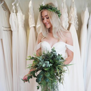 Green flower crown, boho flower crown, wedding halo, floral crown, hair vine, woodland wedding crown, leafy crown, leaf crown, woodland halo image 2