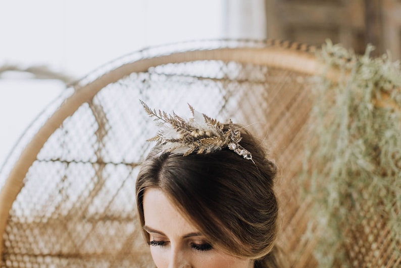 boho bridal headpiece whimsical wedding crown feather headpiece pheasant wedding hairband golden hair accessory