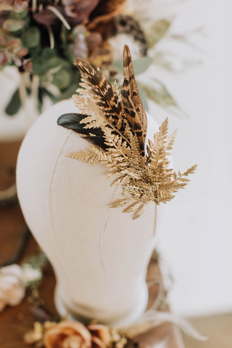 boho bridal headpiece whimsical wedding crown feather headpiece pheasant wedding hairband golden hair accessory
